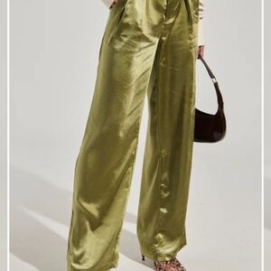 Satin Olive Green Wide-Leg Pants